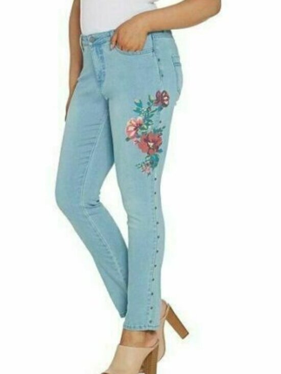 Women with Control Denim - Women With Control Light Wash Floral Design Denim Jeans Sz. 12